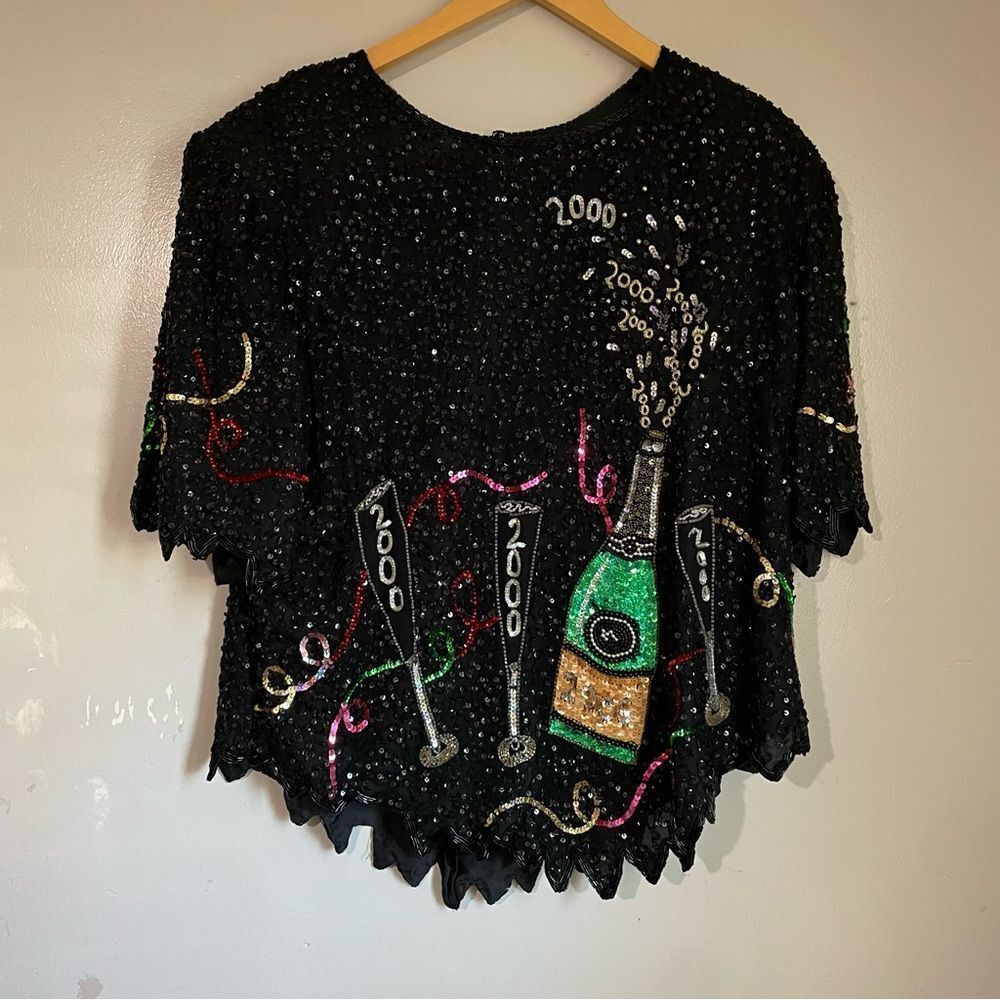 Y2K Sequin Beaded New Years Blouse Vintage Laurence Kazar‎ Year 2000 2X